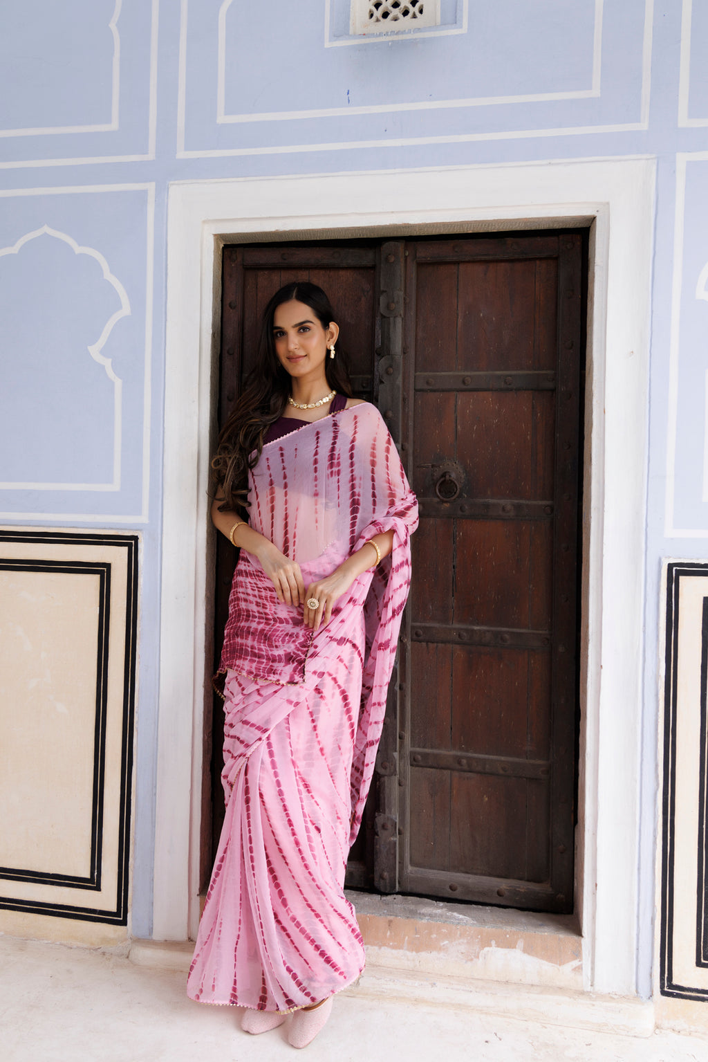 Pink Hand Dyed Shibori Bandhani Chiffon Saree