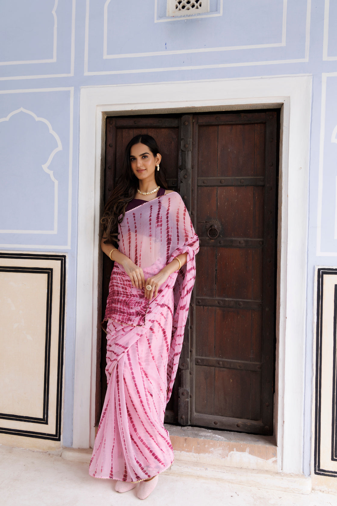 Pink Hand Dyed Shibori Bandhani Chiffon Saree