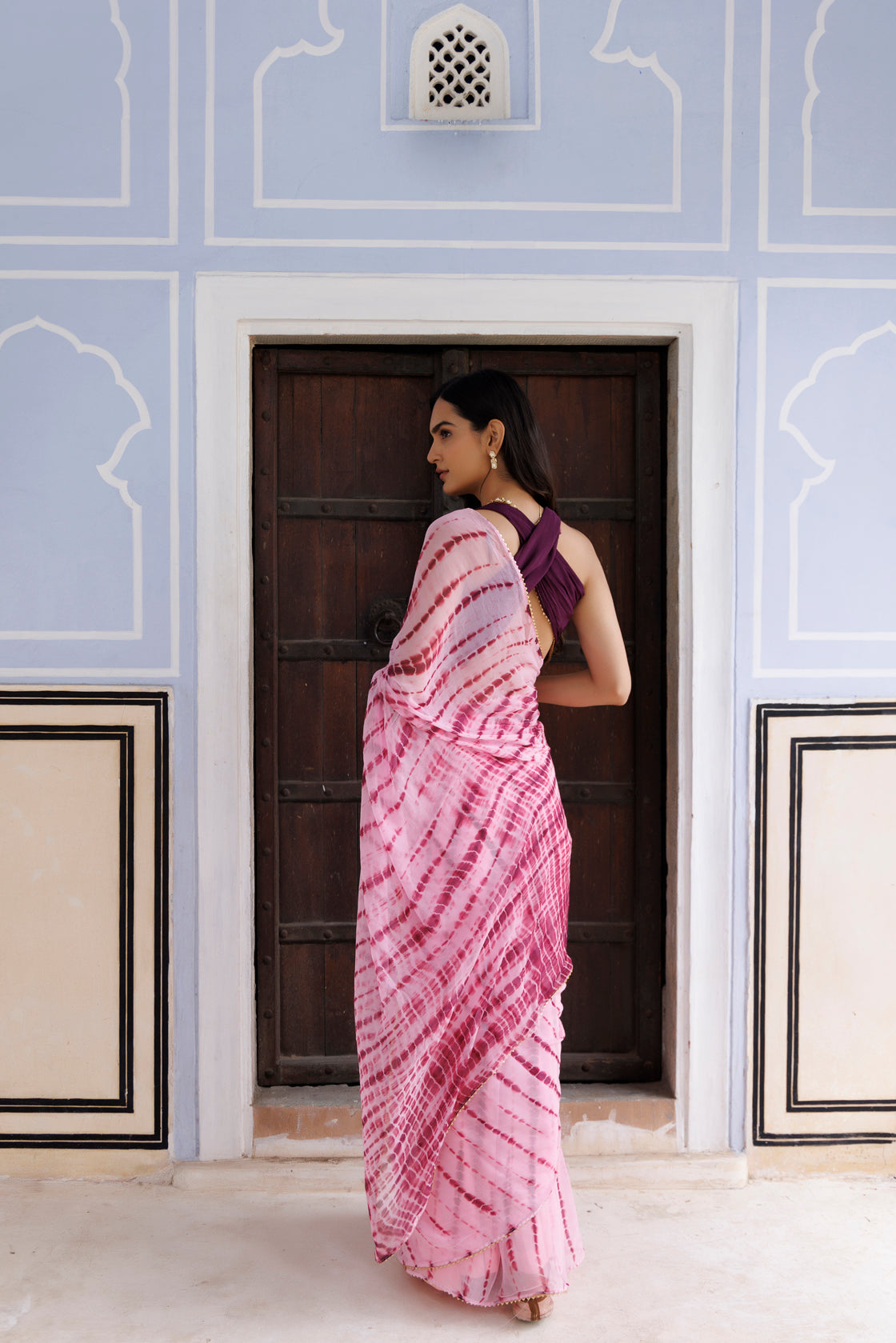 Pink Hand Dyed Shibori Bandhani Chiffon Saree