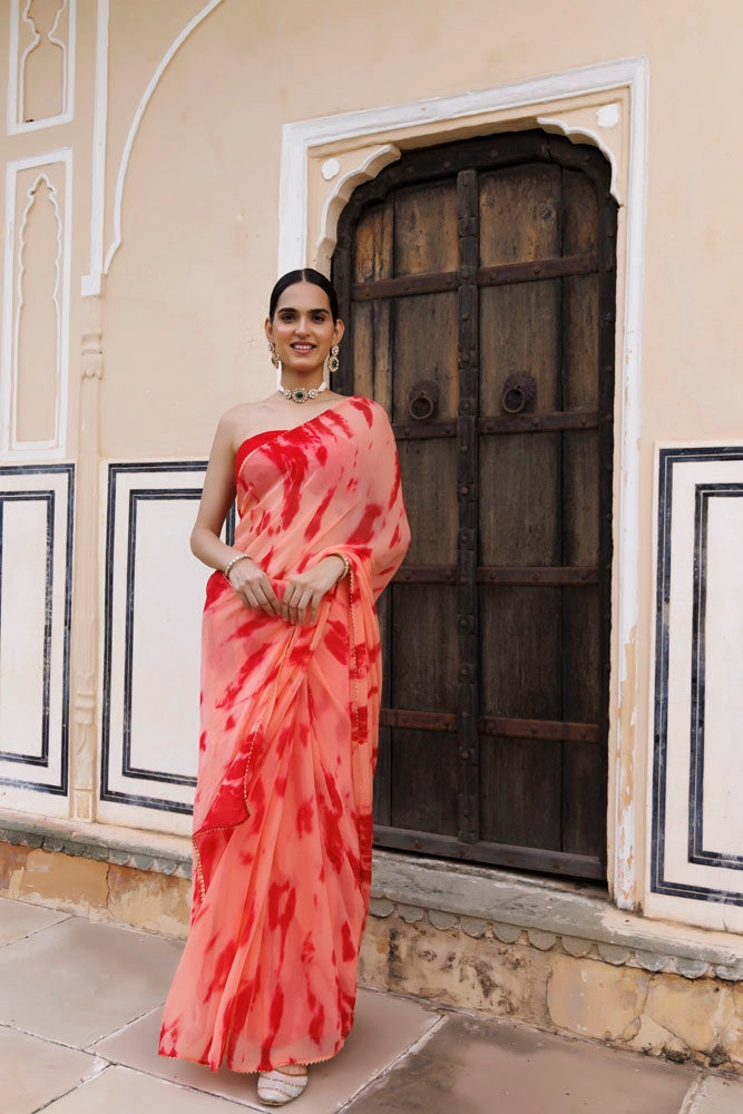 Peach-Red Hand Dyed Shibori Bandhani Chiffon Saree