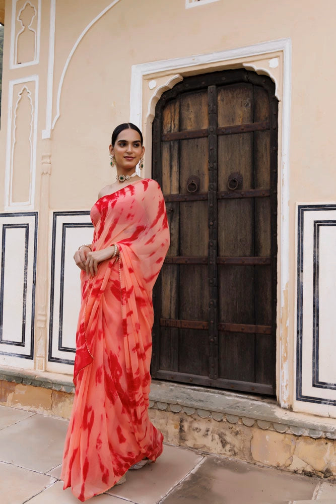 Peach-Red Hand Dyed Shibori Bandhani Chiffon Saree