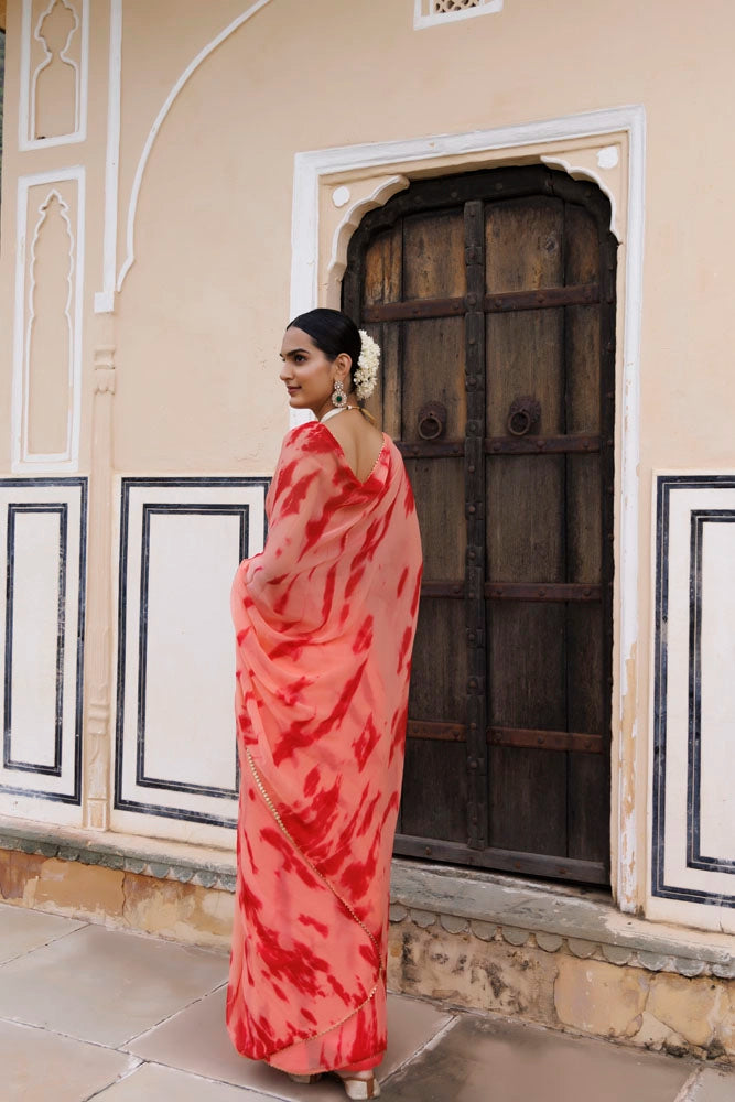 Peach-Red Hand Dyed Shibori Bandhani Chiffon Saree