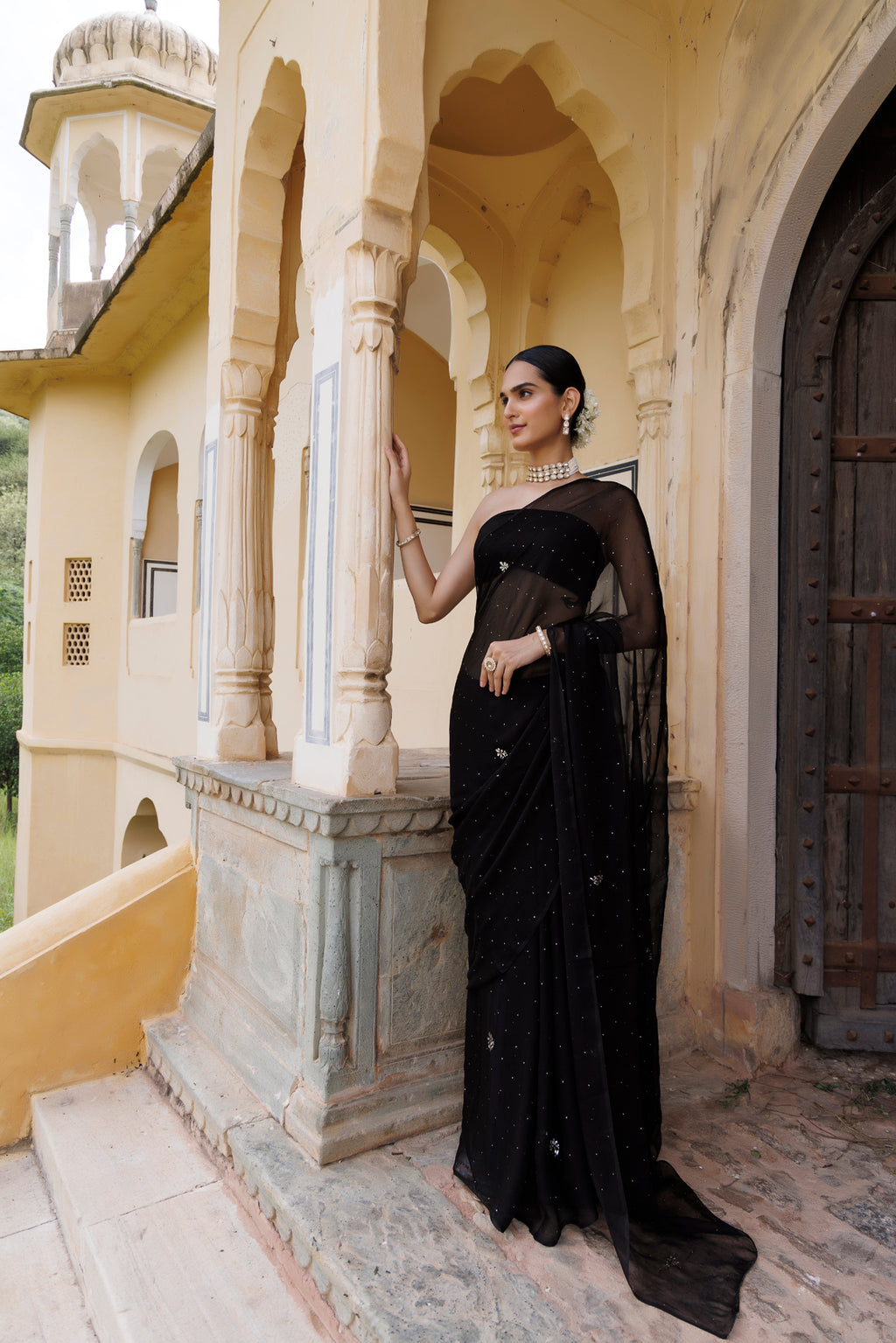 Black Hand Embroidered Mukaish Chiffon Saree