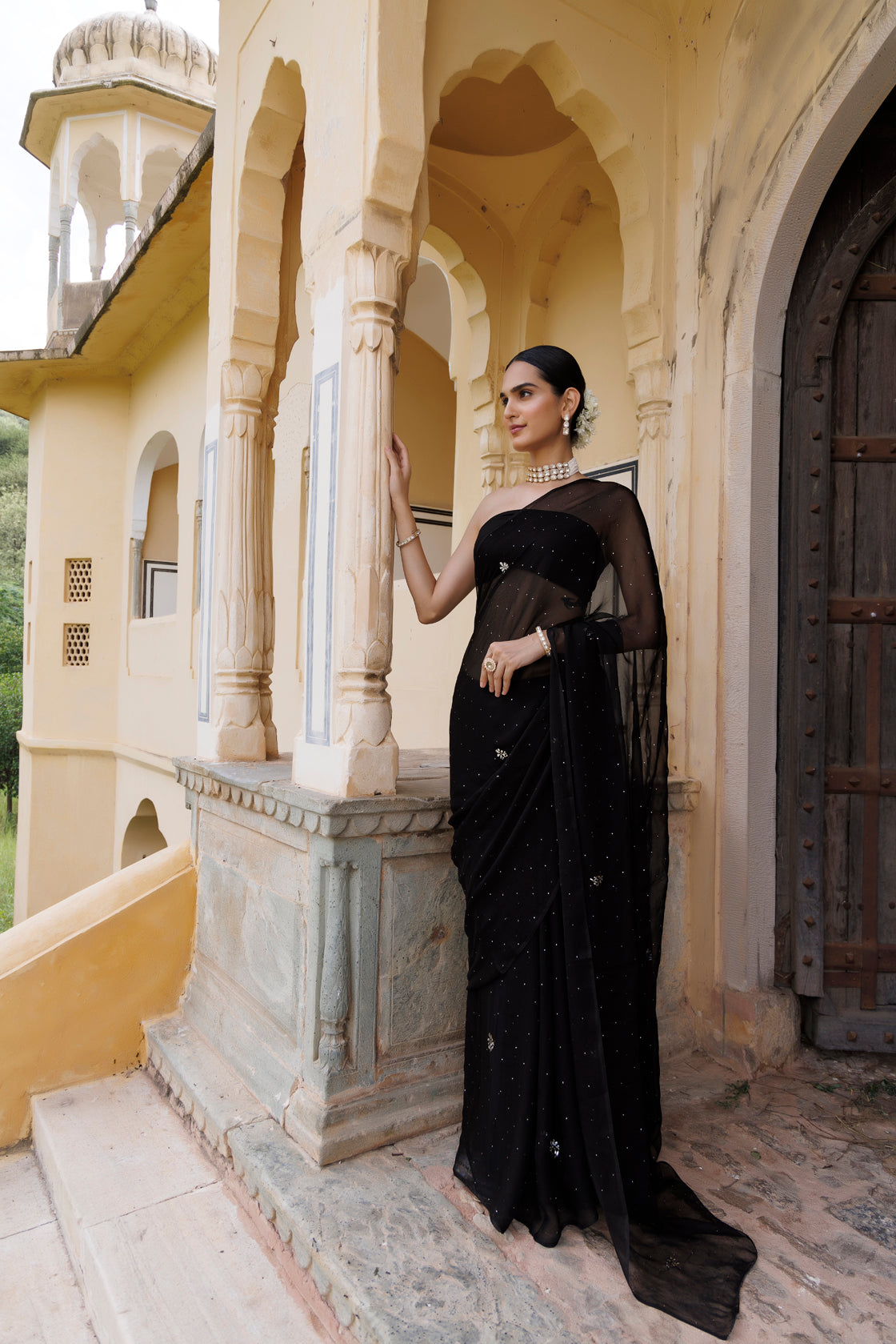 Black Hand Embroidered Mukaish Chiffon Saree