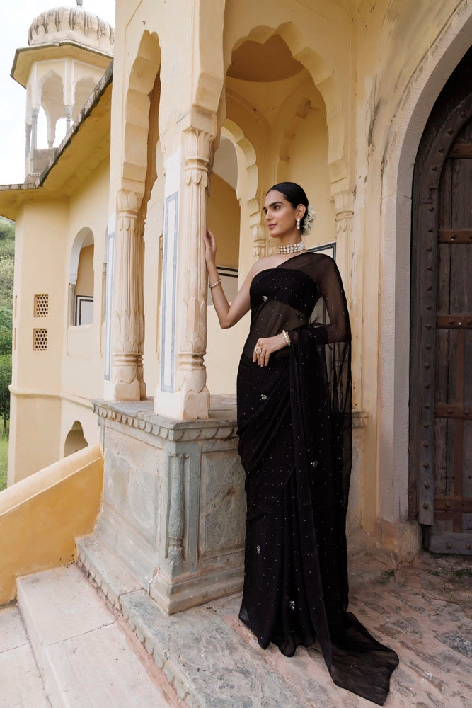 Black Hand Embroidered Mukaish Chiffon Saree