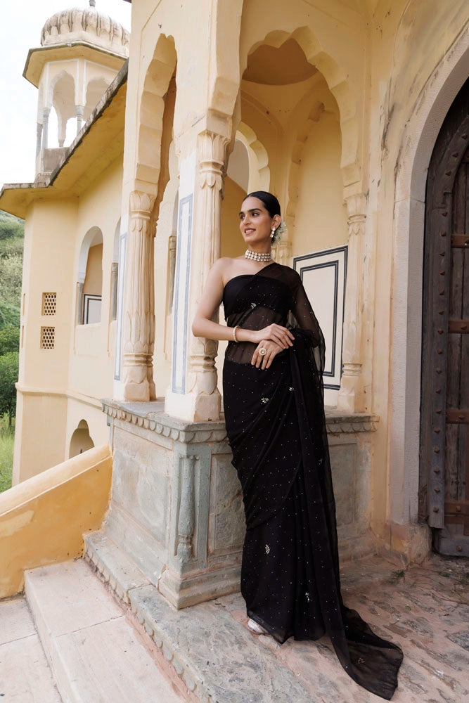 Black Hand Embroidered Mukaish Chiffon Saree