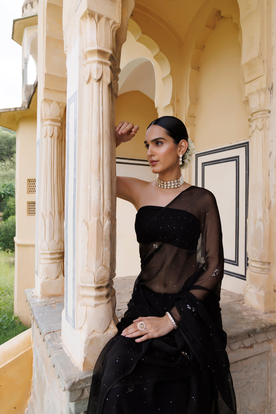 Black Hand Embroidered Mukaish Chiffon Saree