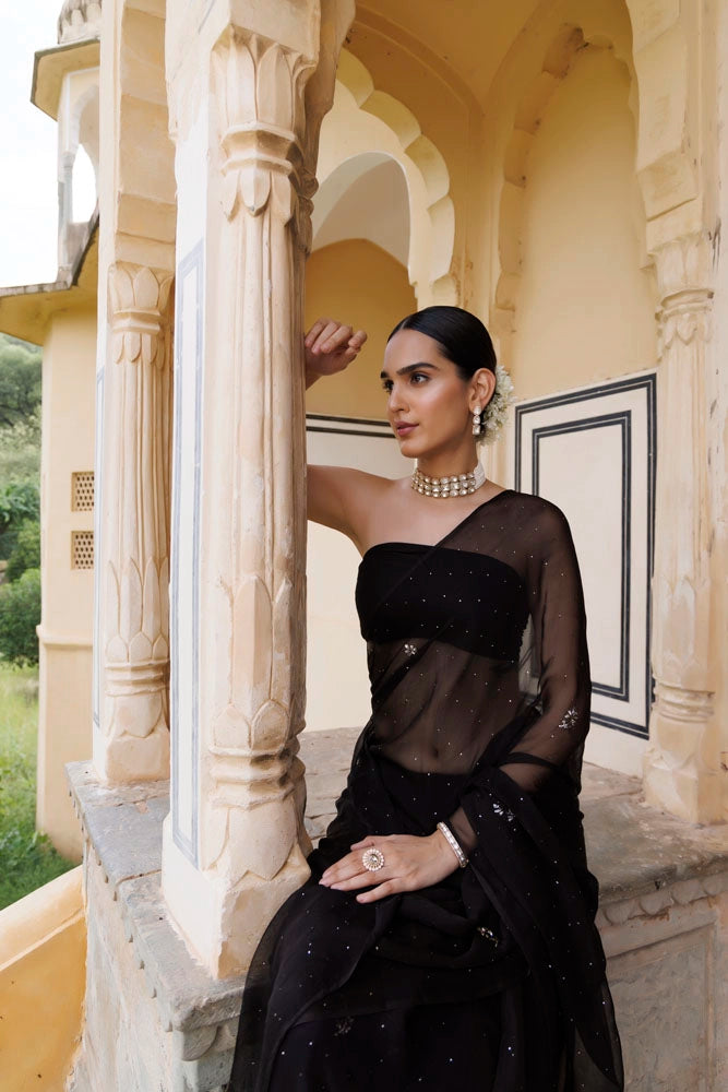Black Hand Embroidered Mukaish Chiffon Saree