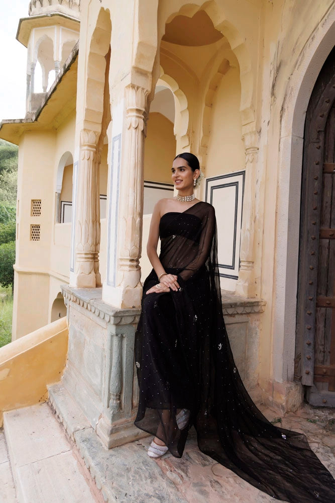 Black Hand Embroidered Mukaish Chiffon Saree