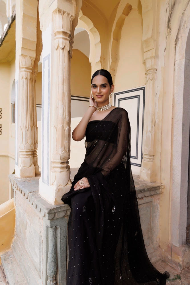 Black Hand Embroidered Mukaish Chiffon Saree