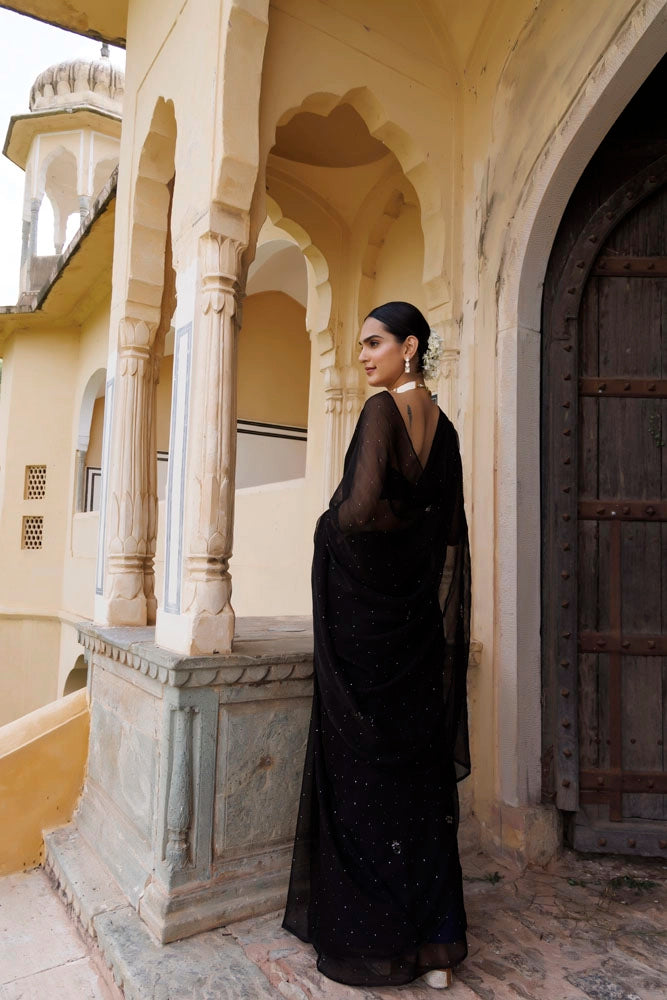 Black Hand Embroidered Mukaish Chiffon Saree
