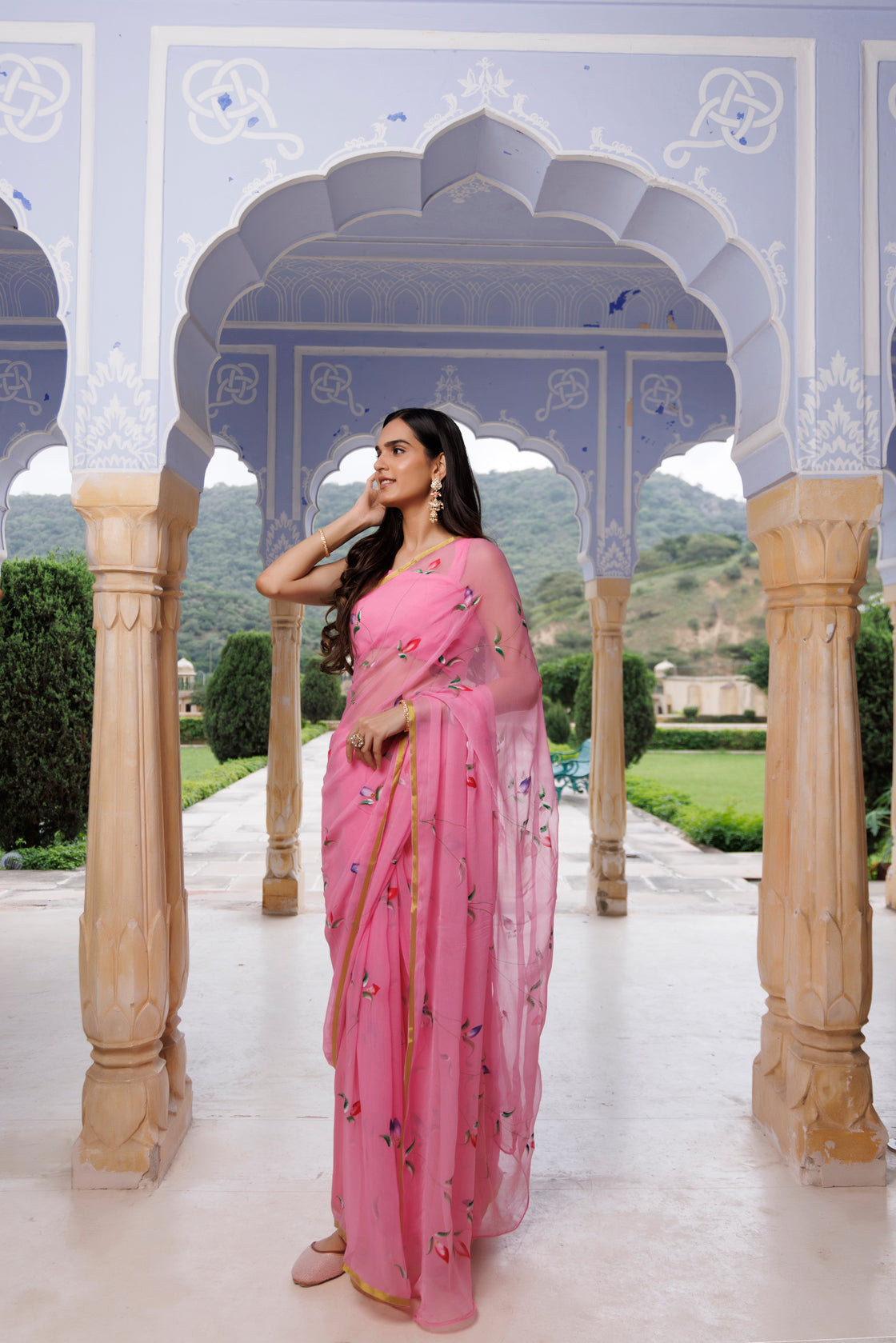 Pink Hand Painted Floral Chiffon Saree