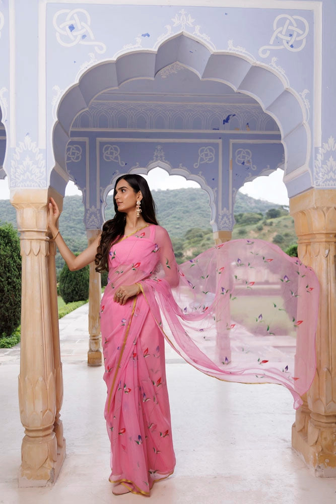 Pink Hand Painted Floral Chiffon Saree