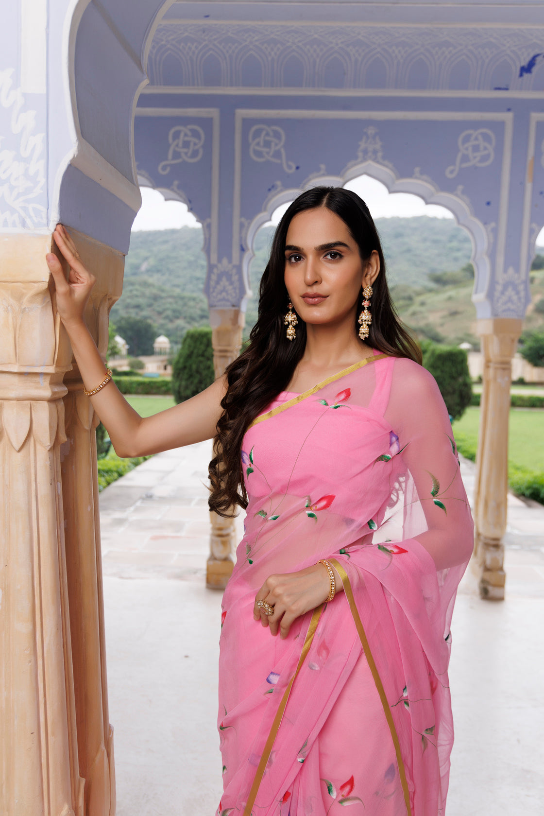 Pink Hand Painted Floral Chiffon Saree