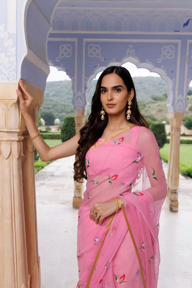 Pink Hand Painted Floral Chiffon Saree