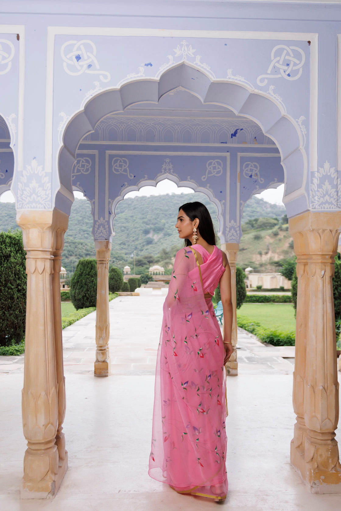 Pink Hand Painted Floral Chiffon Saree