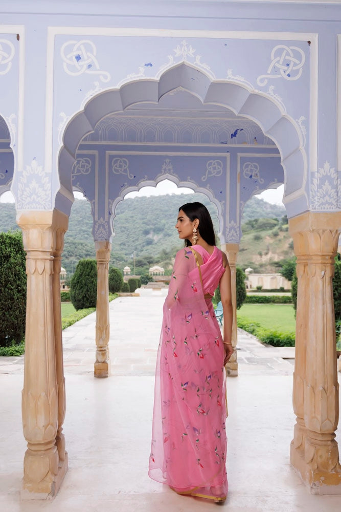 Pink Hand Painted Floral Chiffon Saree