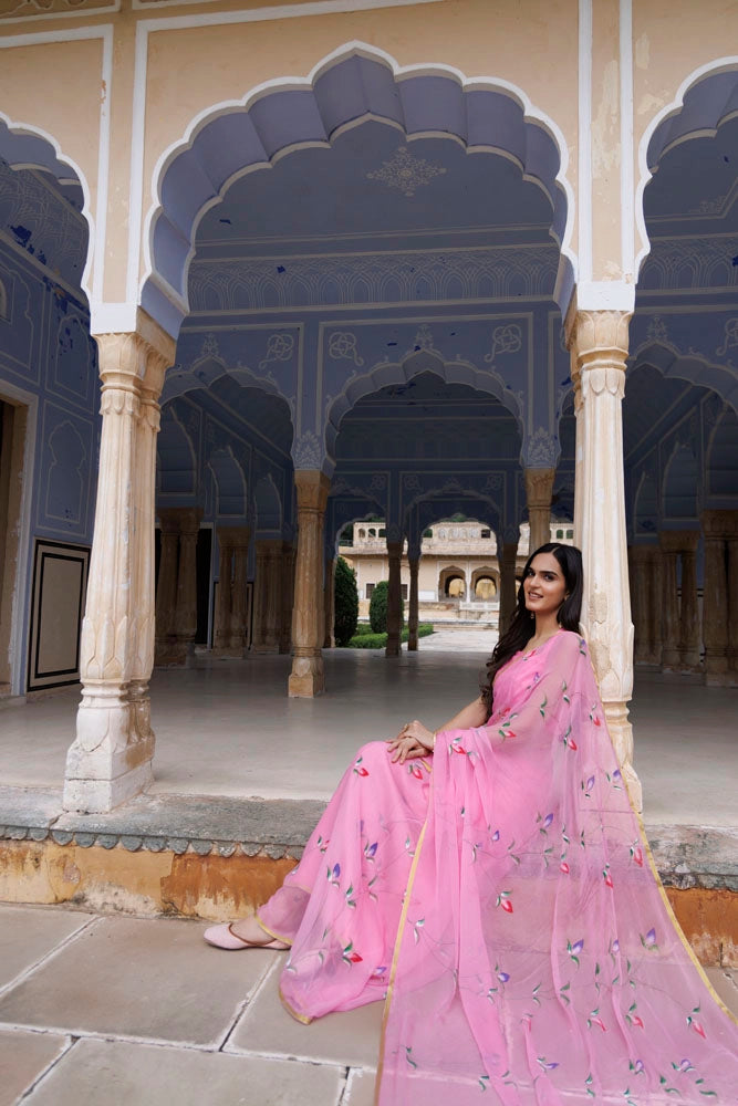 Pink Hand Painted Floral Chiffon Saree