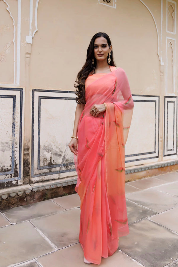 Peach Shaded Hand Painted Floral Chiffon Saree