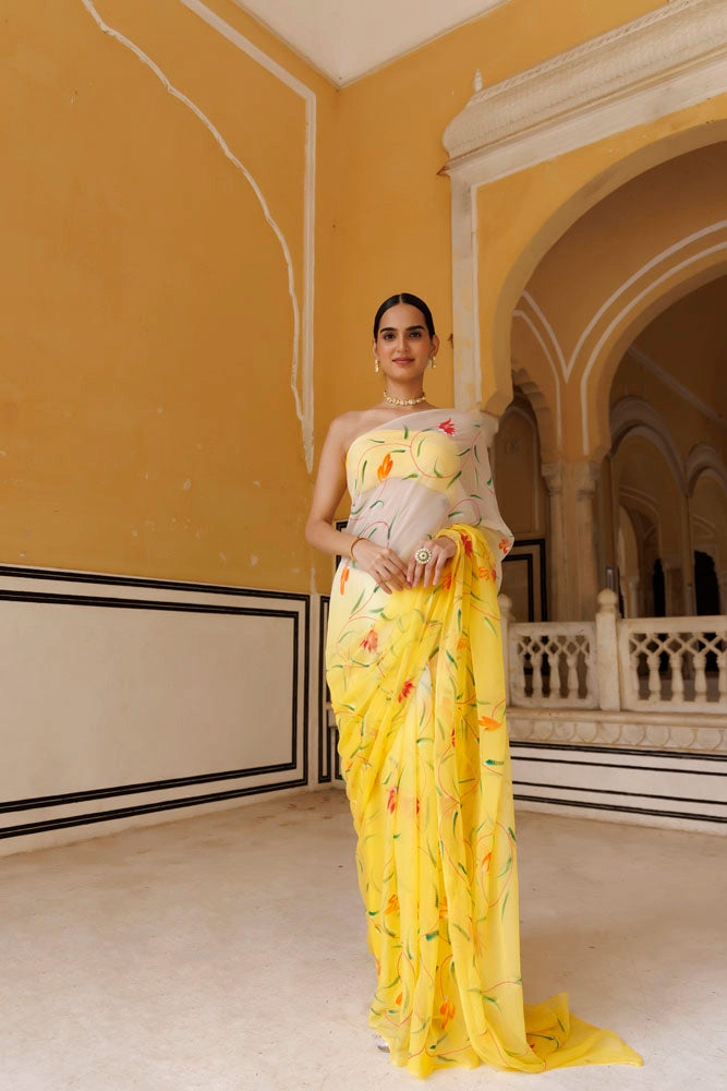 Yellow-White Shaded Hand Painted Floral Chiffon Saree