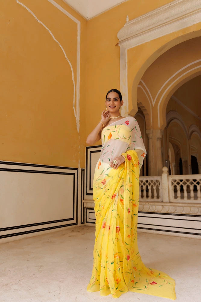 Yellow-White Shaded Hand Painted Floral Chiffon Saree