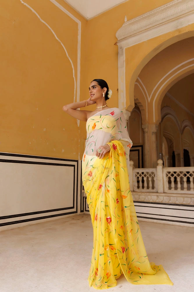Yellow-White Shaded Hand Painted Floral Chiffon Saree