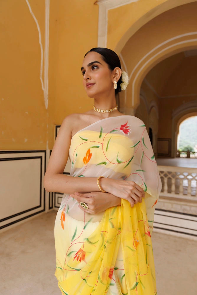Yellow-White Shaded Hand Painted Floral Chiffon Saree