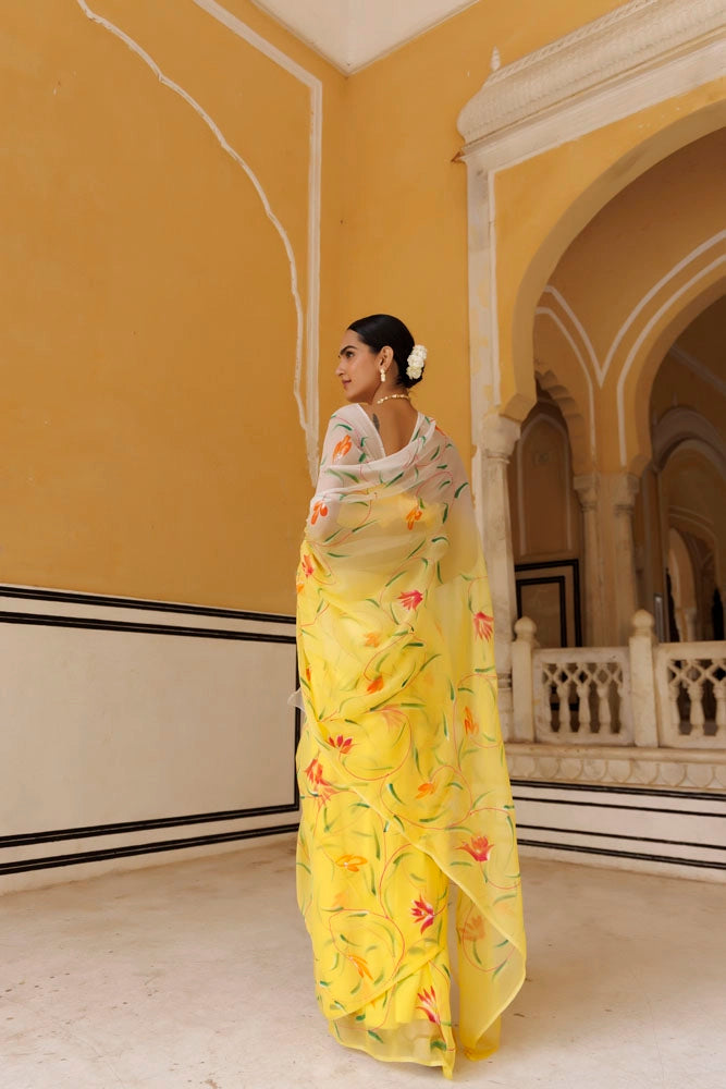 Yellow-White Shaded Hand Painted Floral Chiffon Saree