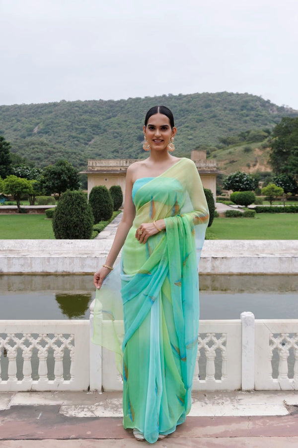 Green Shaded Hand Painted Floral Chiffon Saree
