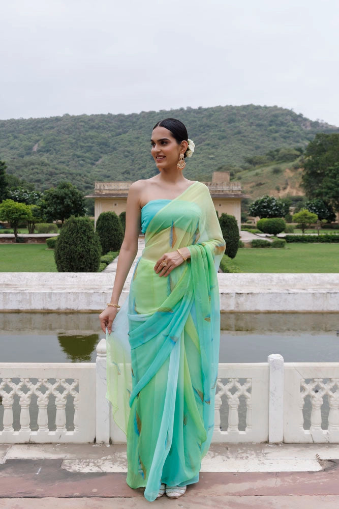 Green Shaded Hand Painted Floral Chiffon Saree