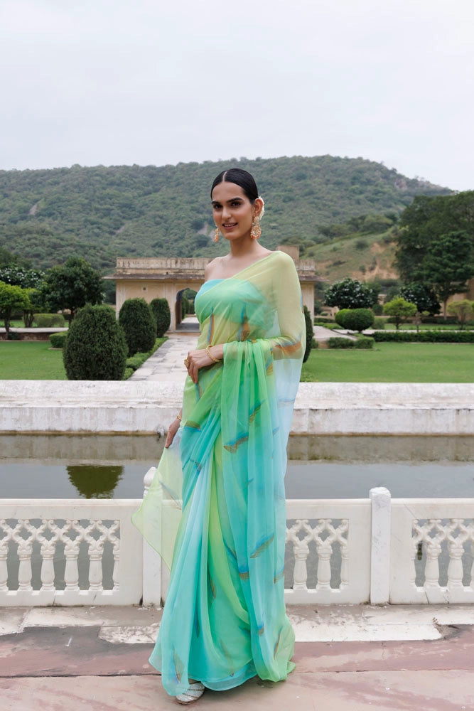 Green Shaded Hand Painted Floral Chiffon Saree