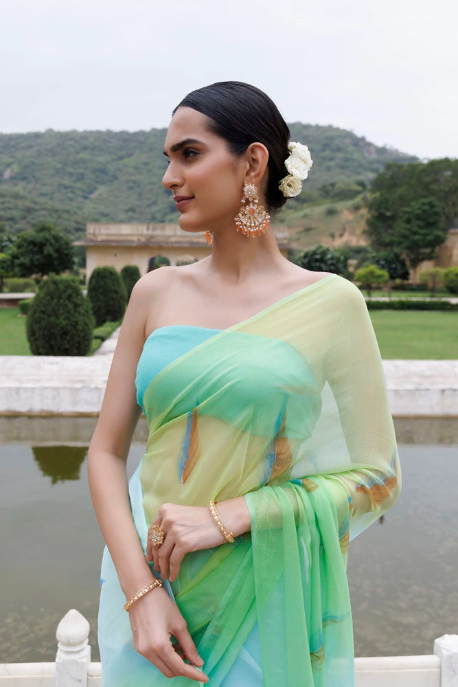 Green Shaded Hand Painted Floral Chiffon Saree