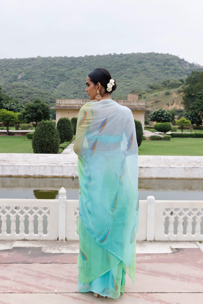 Green Shaded Hand Painted Floral Chiffon Saree