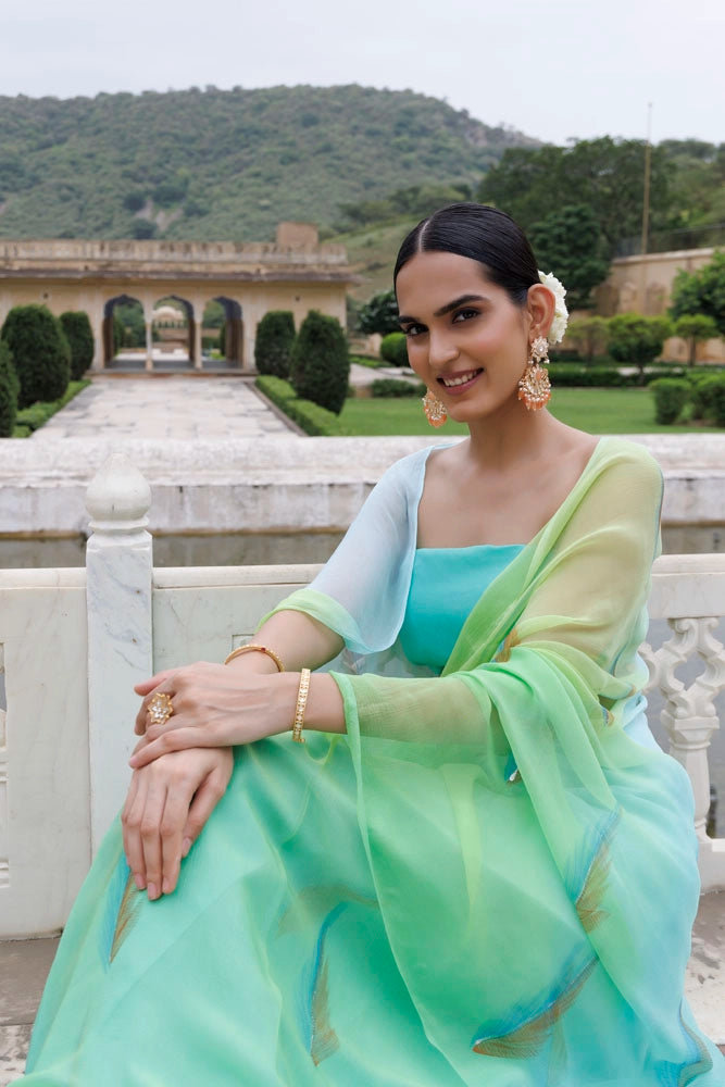 Green Shaded Hand Painted Floral Chiffon Saree