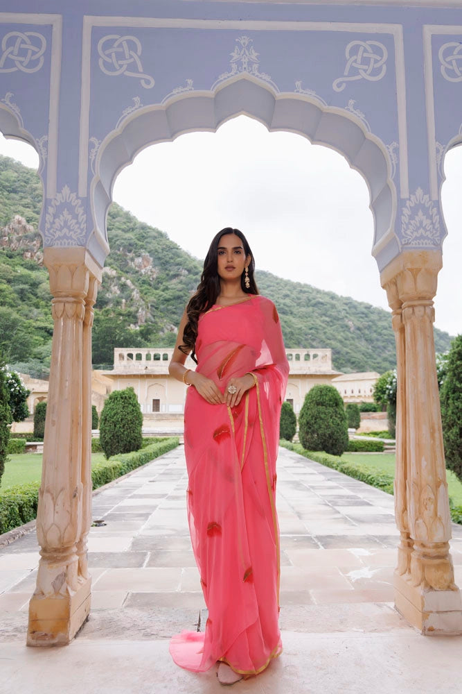 Pink Hand Painted Floral Chiffon Saree