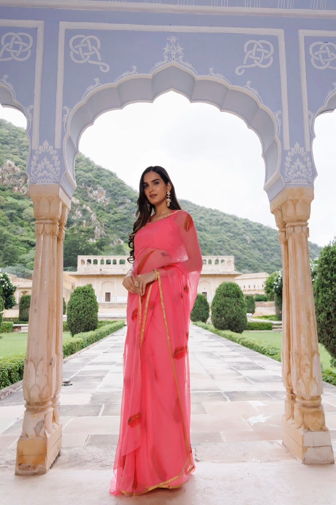 Pink Hand Painted Floral Chiffon Saree