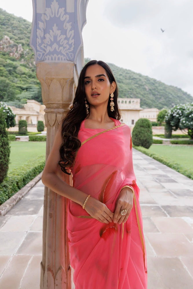 Pink Hand Painted Floral Chiffon Saree