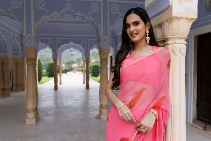 Pink Hand Painted Floral Chiffon Saree