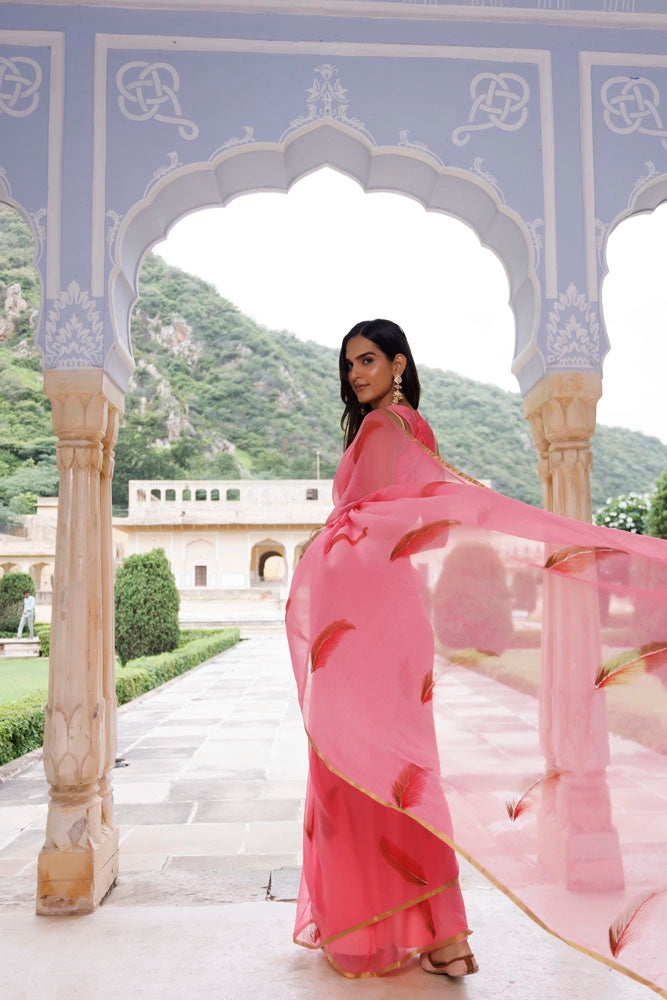 Pink Hand Painted Floral Chiffon Saree