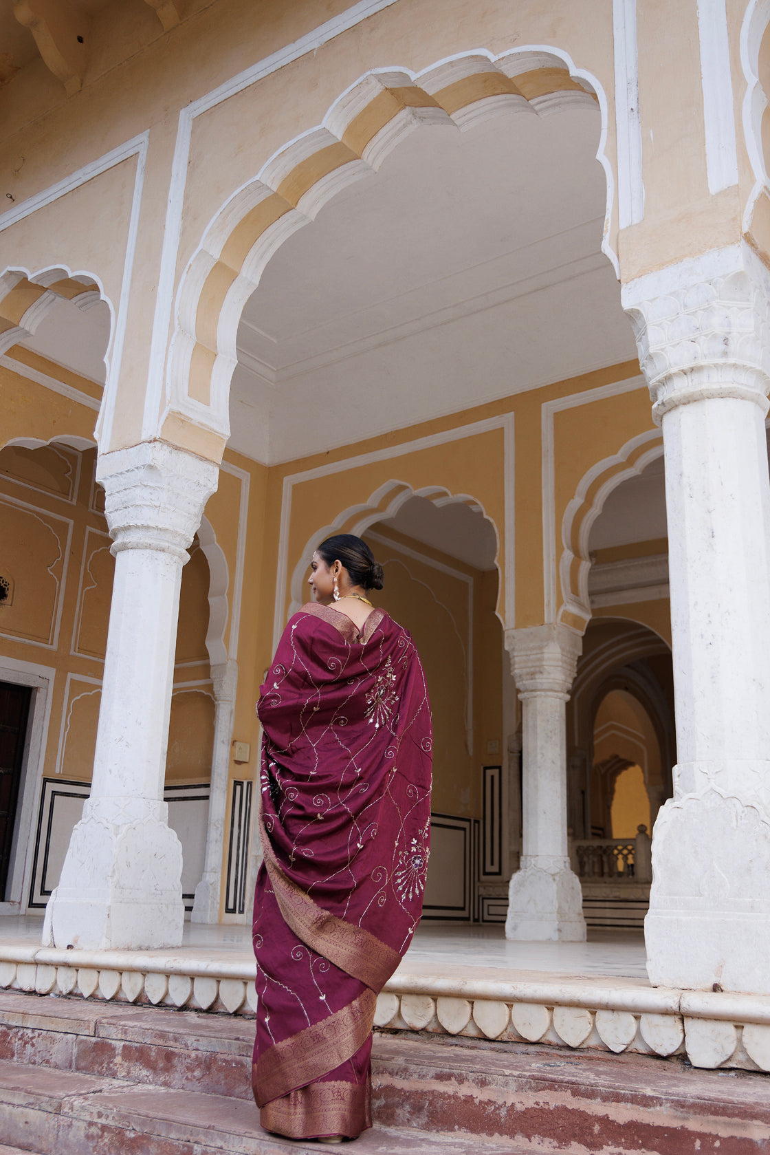 Maroon Silk Banarasi Hand-Embroidered Saree