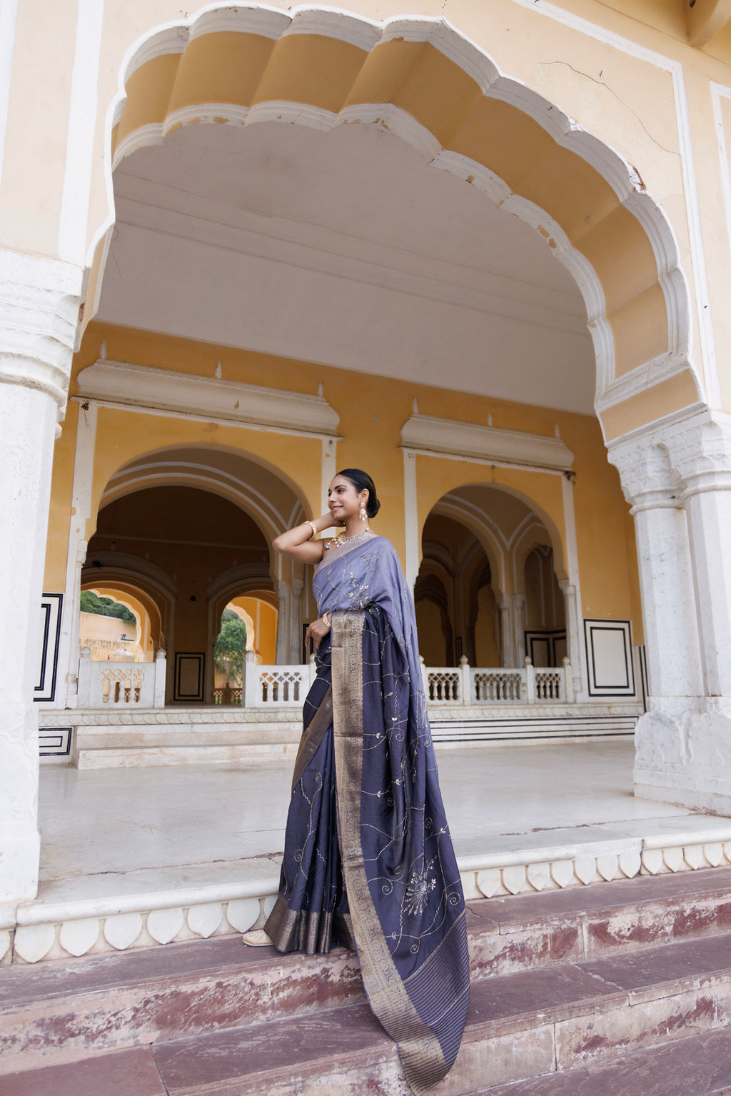 Grey Shaded Silk Banarasi Hand-Embroidered Saree