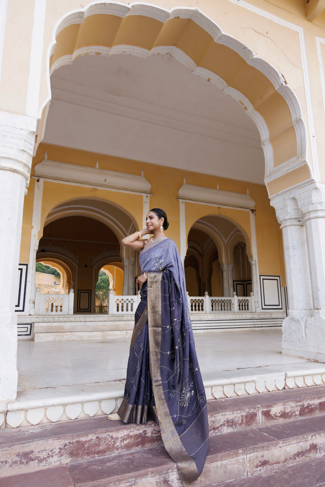 Grey Shaded Silk Banarasi Hand-Embroidered Saree