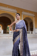 Grey Shaded Silk Banarasi Hand-Embroidered Saree
