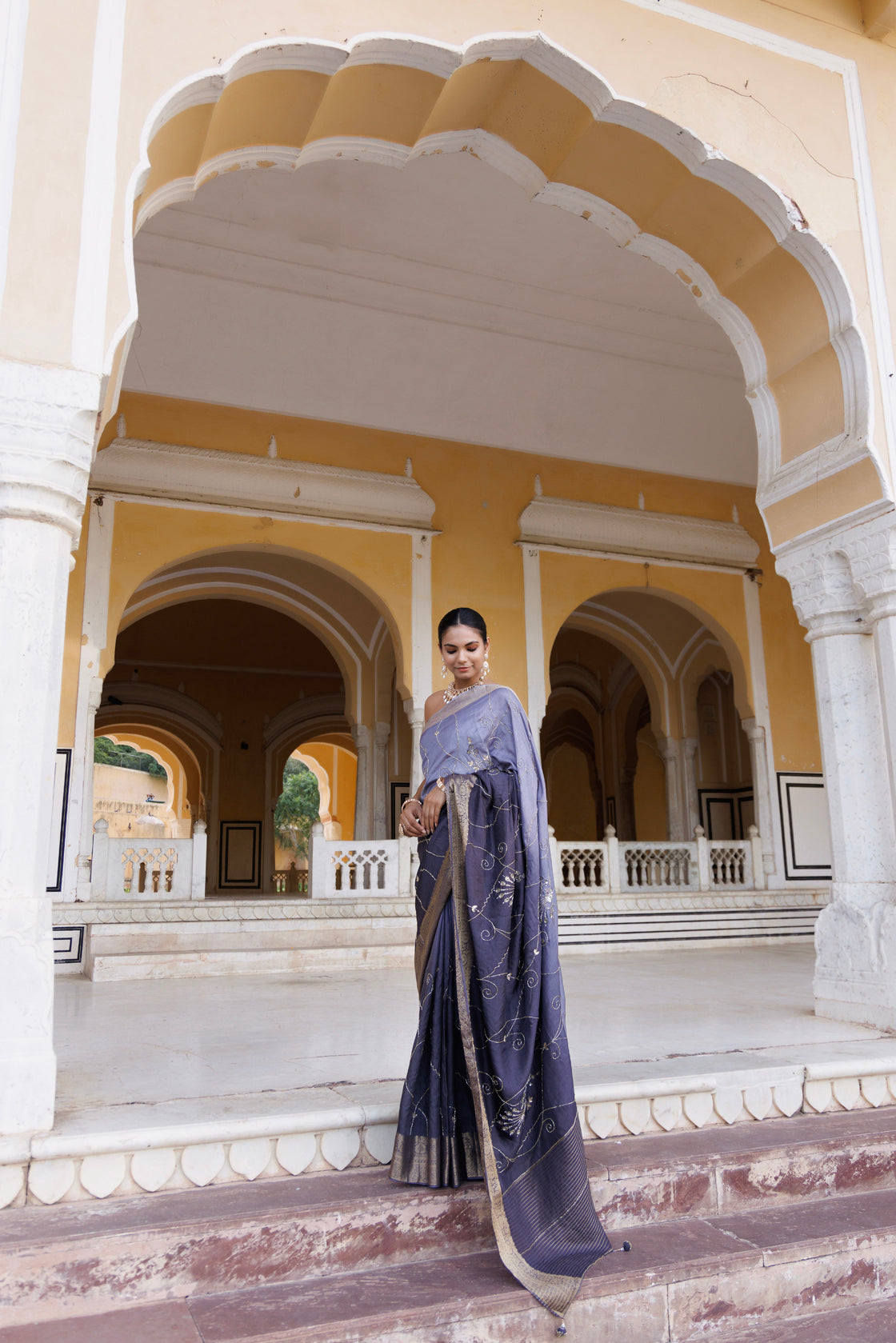 Grey Shaded Silk Banarasi Hand-Embroidered Saree