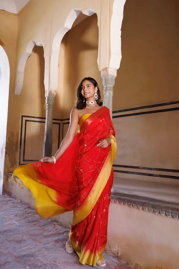 Yellow-red shaded silk banarasi hand embroidered saree