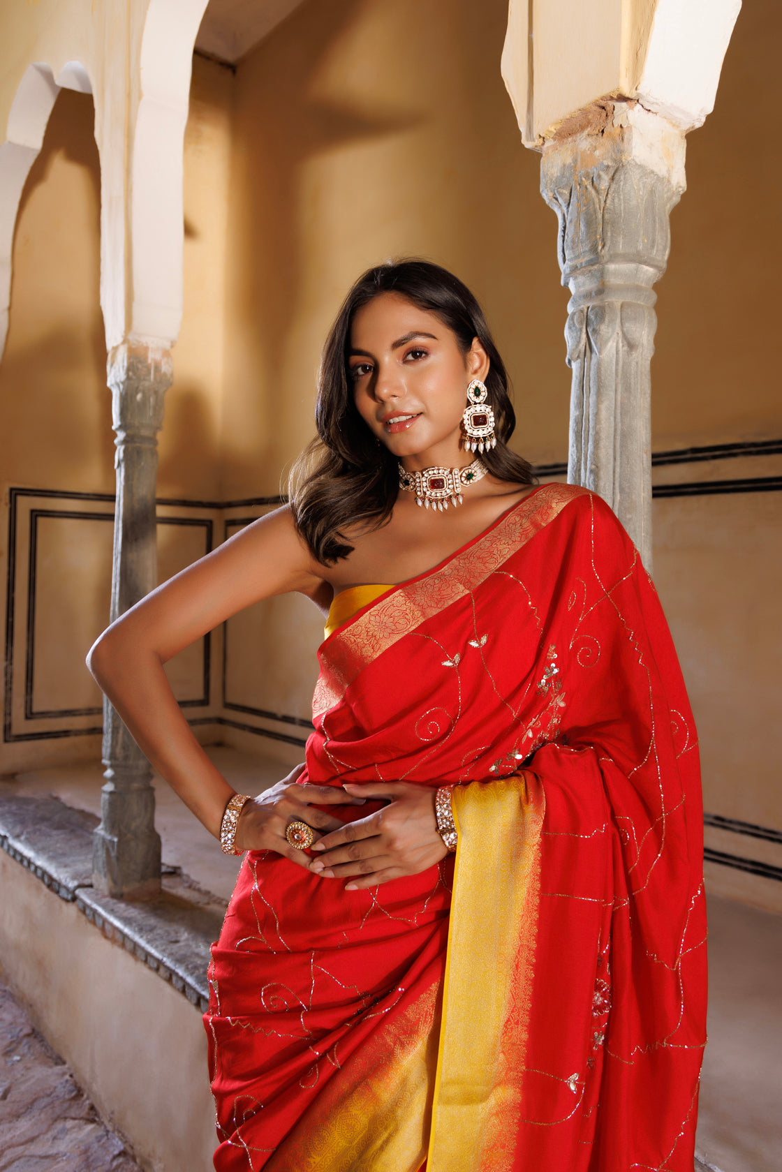 Yellow-Red Shaded Silk Banarasi Hand Embroidered Saree