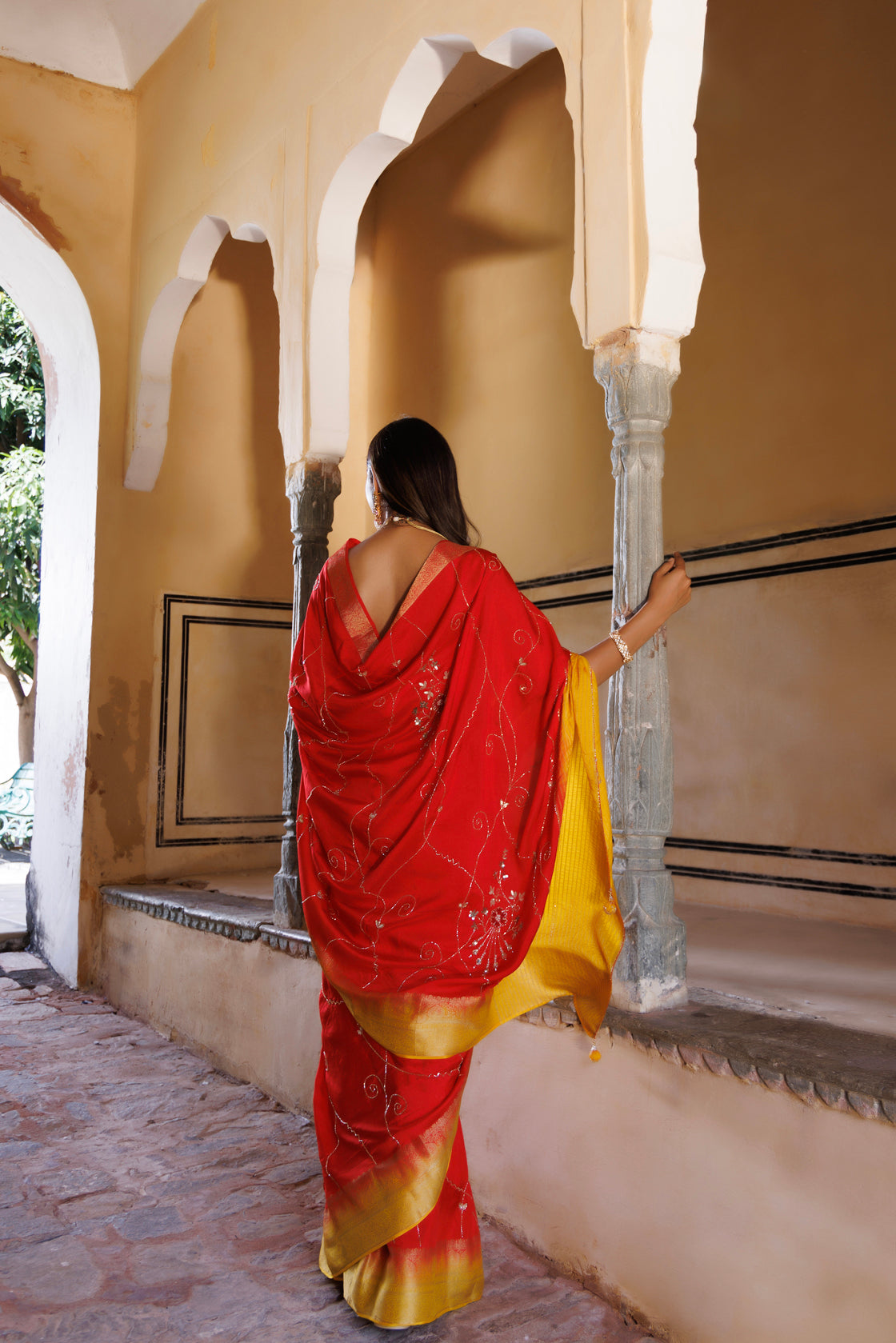Yellow-Red Shaded Silk Banarasi Hand Embroidered Saree