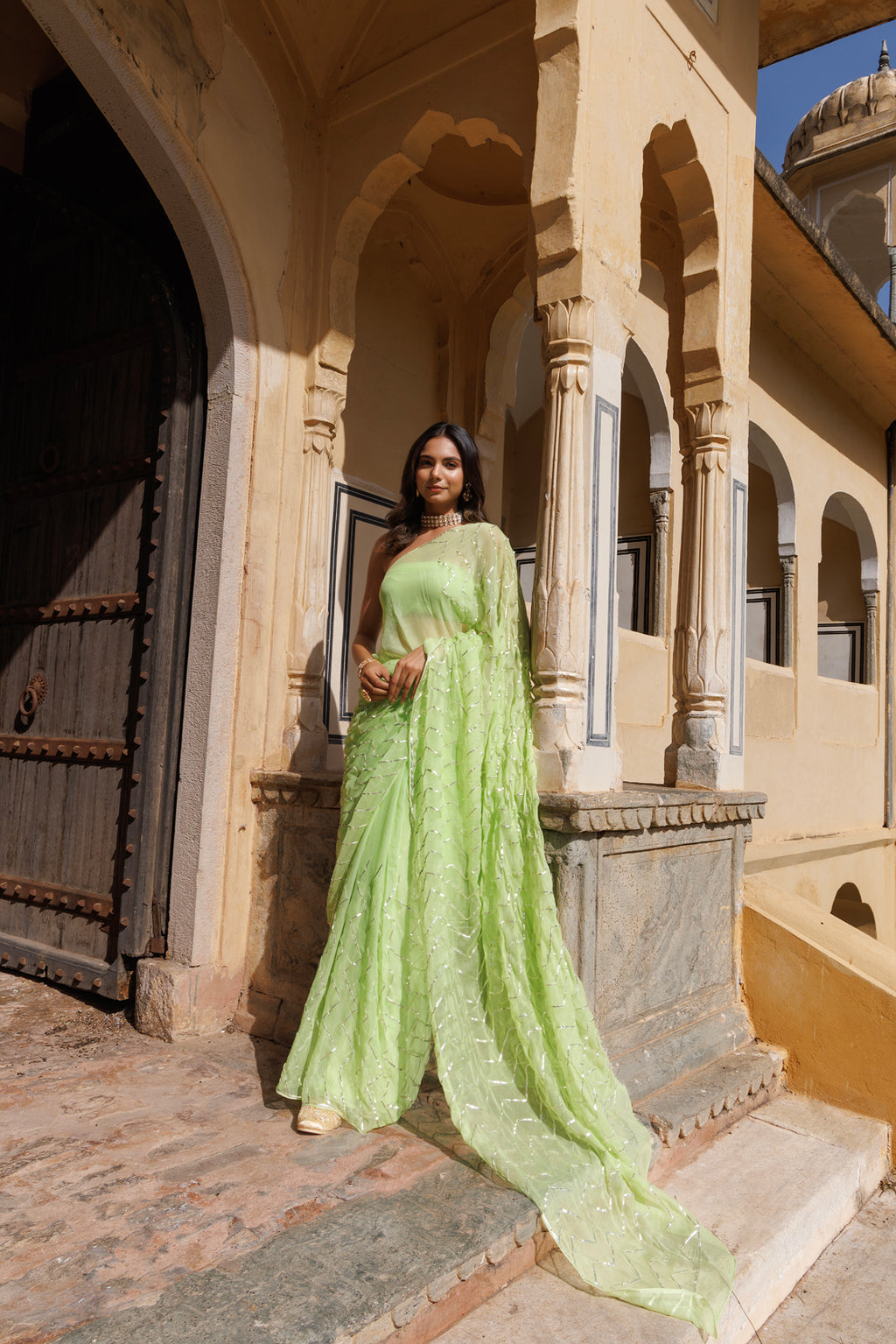 Green Handcrafted Gota Jaal Work Chiffon  Saree