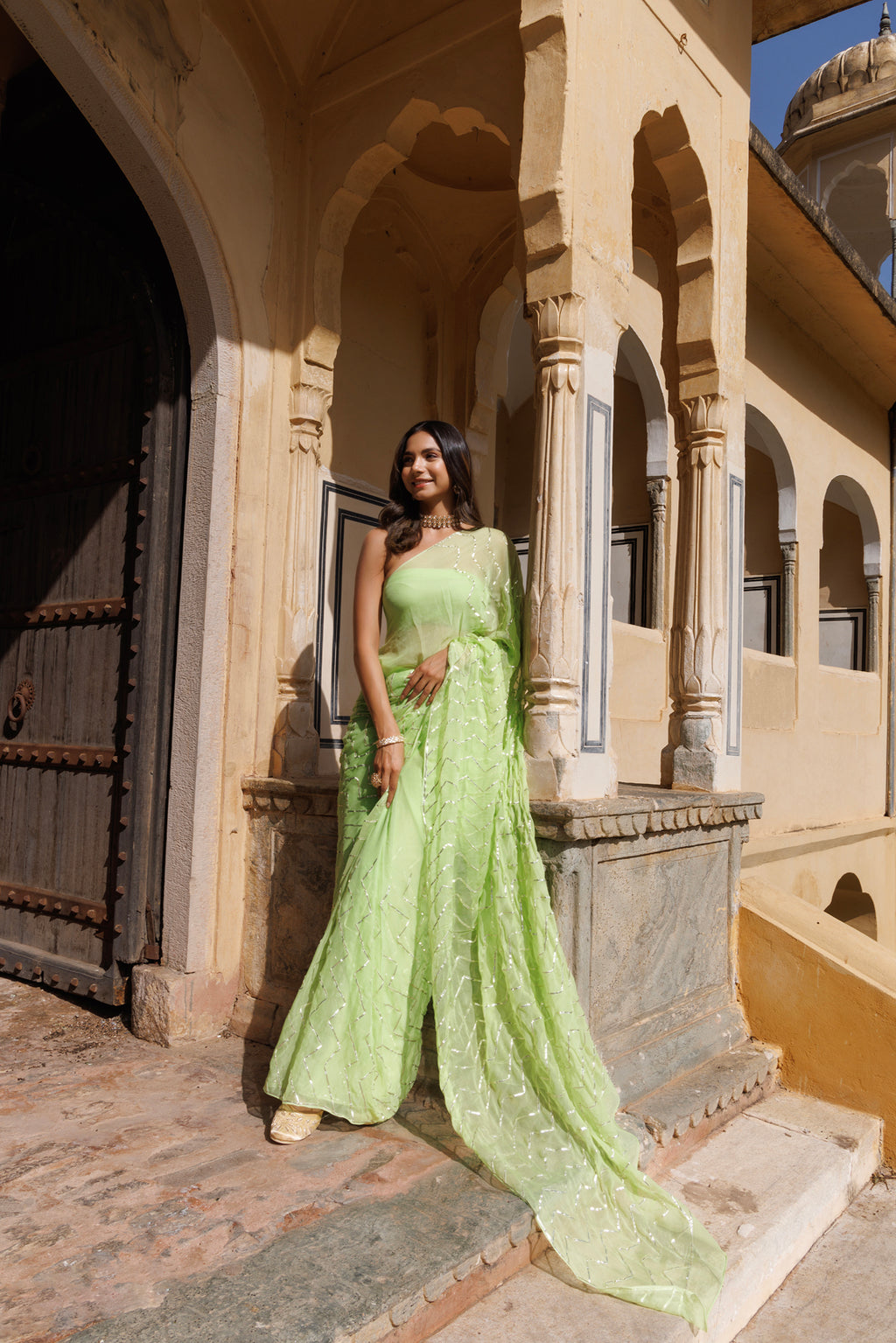 Green Handcrafted Gota Jaal Work Chiffon  Saree