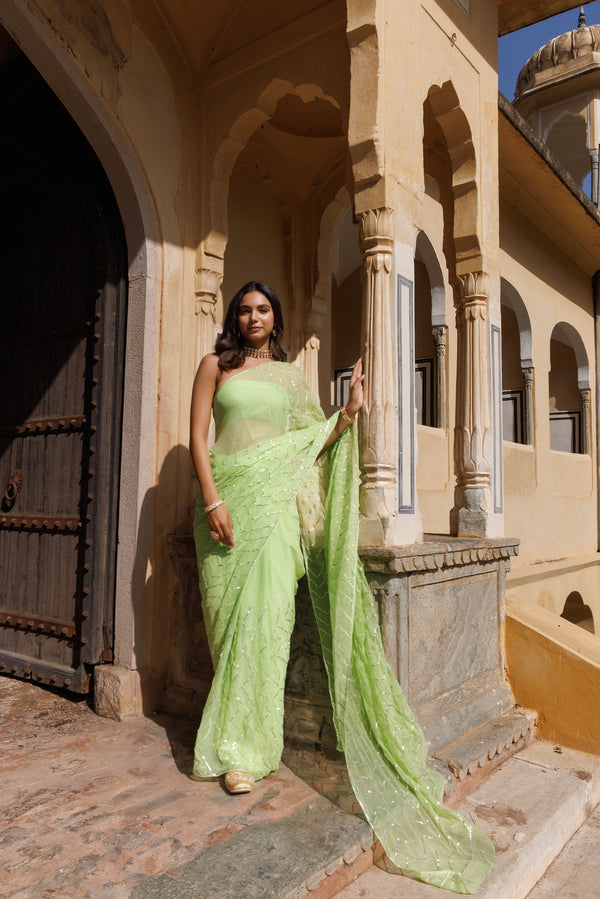 Green Chiffon Gota Patti Saree “ Handcrafted In Jaipur